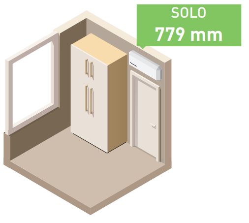 Diseño ultracompacto de solo 779 mm de ancho Uno de los puntos más destacados de este equipo es su diseño ultracompacto, con una unidad interior de solo 779 mm de ancho. Gracias a sus dimensiones de 290 x 779 x 209 mm, se integra fácilmente en dormitorios, despachos, habitaciones pequeñas o espacios donde no siempre hay mucho margen para instalar una unidad interior de mayor tamaño.  Su estética limpia y discreta permite colocarlo en diferentes ambientes sin romper la decoración, ofreciendo una solución práctica para quienes buscan un aire acondicionado eficiente, compacto y fácil de adaptar al hogar.